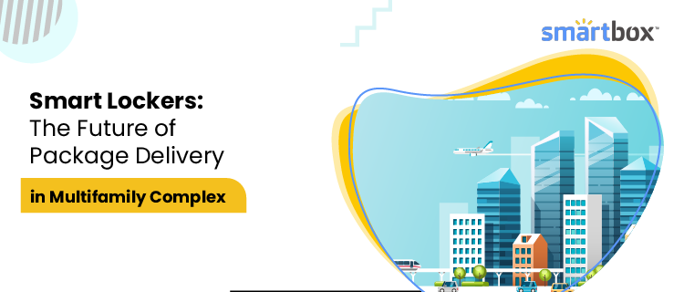 Illustration of multifamily apartments in an abstract fluid shape with the text 'Smart Lockers: The Future of Package Delivery in Multifamily Complex'