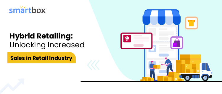 Online shop displayed inside a mobile phone with products on a white background with text 'Hybrid Retailing - Unlocking Increased Sales in Retail Industry'